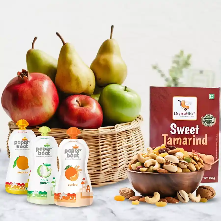 Healthy hamper featuring fruits and dry fruits for mothers.