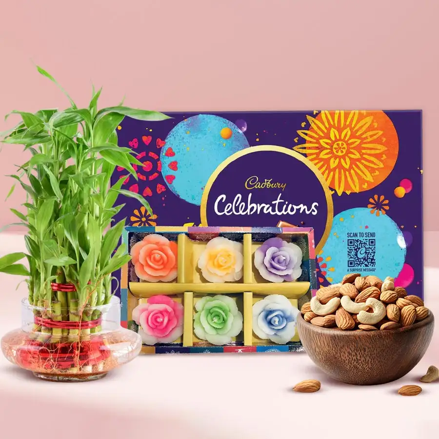 Eco-Friendly Diwali Gift Combo with bamboo plant, chocolates, nuts, candles, and a silver-plated coin. Ideal for festive celebrations.