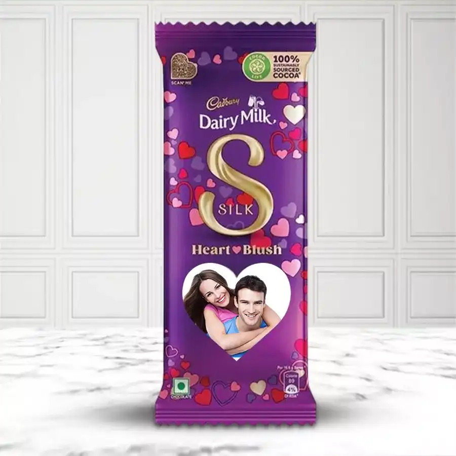 Personalized Cadbury Silk bar with a heart design and a custom photo