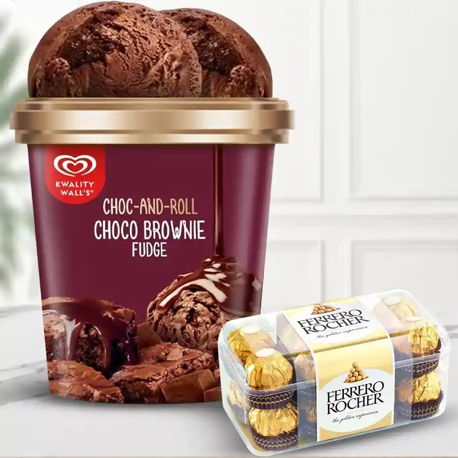 Luscious Choco Brownie Fudge Ice Cream with Ferrero Rocher box for Karwa Chauth celebration.