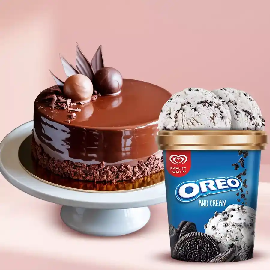 Classy gift package featuring a Chocolate Truffle Cake and Oreo Ice Cream Tub, ideal for celebrating love on Karwa Chauth.