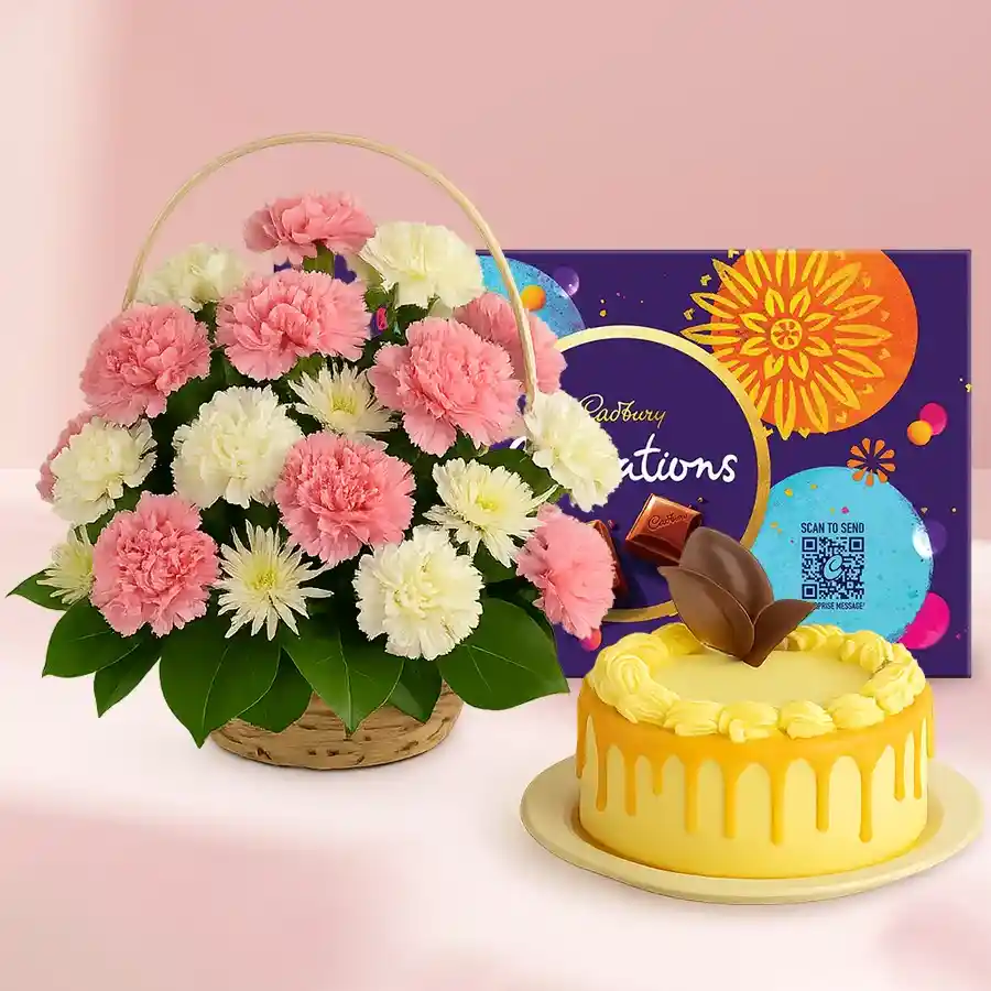 Butterscotch cake with a mixed flower basket and chocolates combo.
