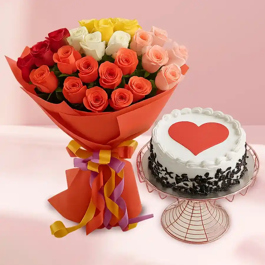 A vibrant 54-piece mixed roses bouquet alongside a round Black Forest cake, perfect for celebrations like birthdays and anniversaries.