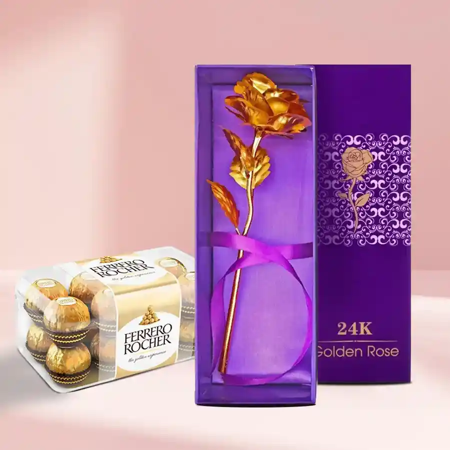 Special Ferrero Rocher Chocolates box with a stunning Golden Rose arranged elegantly for a gift.