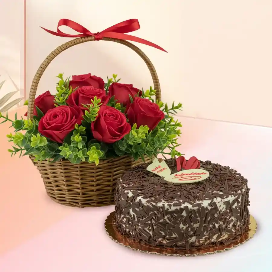 Basket of 12 red roses with a round Black Forest cake combo.