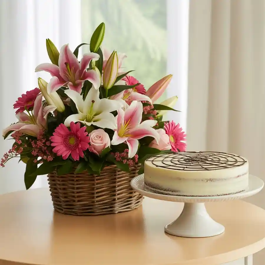 Ravishing butterscotch cake paired with a mixed pink flower bouquet in a basket.