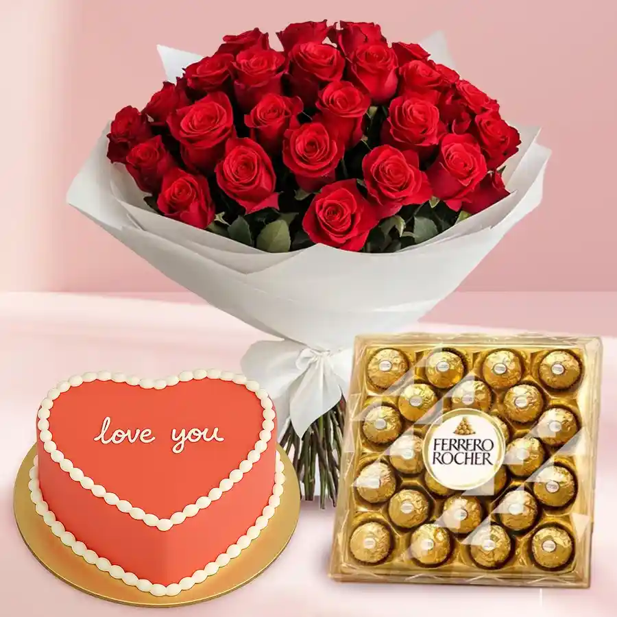 Heartfelt gift of red roses bouquet, heart-shaped chocolate cake, and Ferrero Rocher chocolates.