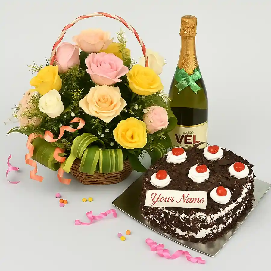 Mixed roses basket with Black Forest cake and sparkling juice gift combo.