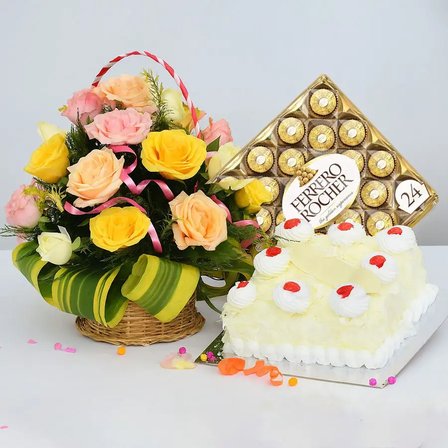 A gorgeous gift basket featuring 24 mixed roses, a square White Forest Cake, and 24 Ferrero Rocher chocolates, perfect for celebrations.