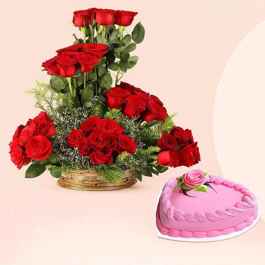 A beautiful basket featuring 48 red roses alongside a heart-shaped strawberry cake, perfect for expressing love and affection.