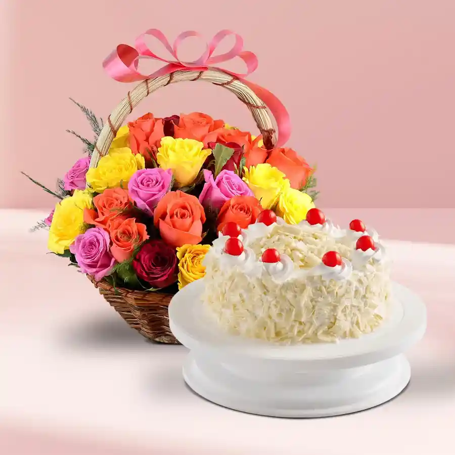 Colorful roses basket paired with a square White Forest cake.