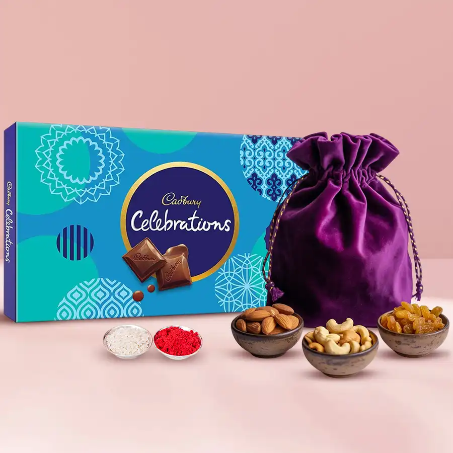 Delicious Dry Fruits Potli with Cadbury Celebrations Pack featuring almonds, cashews, and raisins.