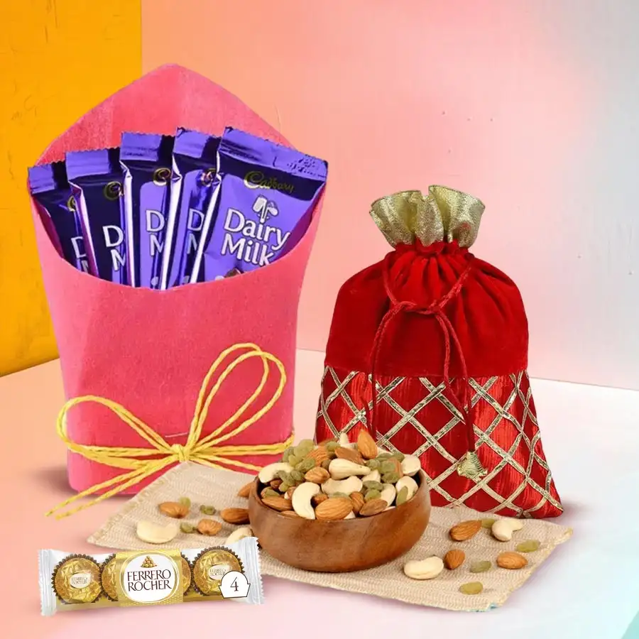 Assorted dry fruits and chocolates packaged in a potli, featuring almonds, cashews, raisins, Ferrero Rocher, and Cadbury Dairy Milk.