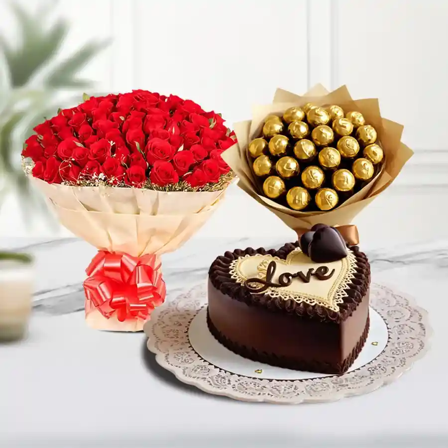 Heartfelt bouquet of red roses, a heart-shaped chocolate cake, and Ferrero Rocher chocolates, perfect for expressing love.
