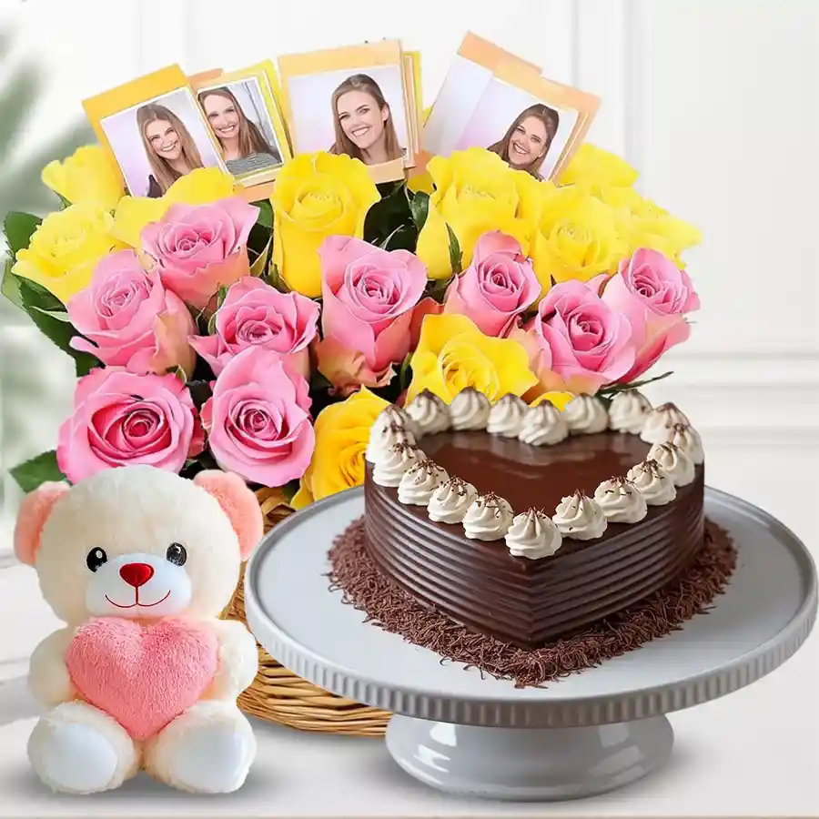 Heartfelt gift basket with roses, personalized photos, a chocolate cake, and a teddy bear.