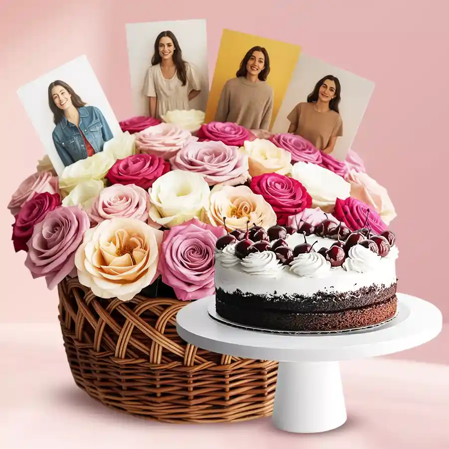 A basket arrangement featuring mixed roses, personalized photos, and a Black Forest cake, perfect for gifting.