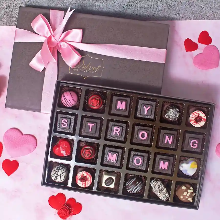 Elegant chocolate box containing 24 assorted chocolate bites with heartfelt messages for Mother's Day.
