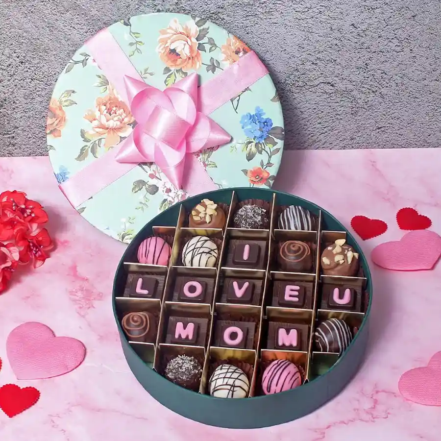 Delicious assorted chocolates and truffles gift box for Mom with "I Love You Mom" embossed on them.