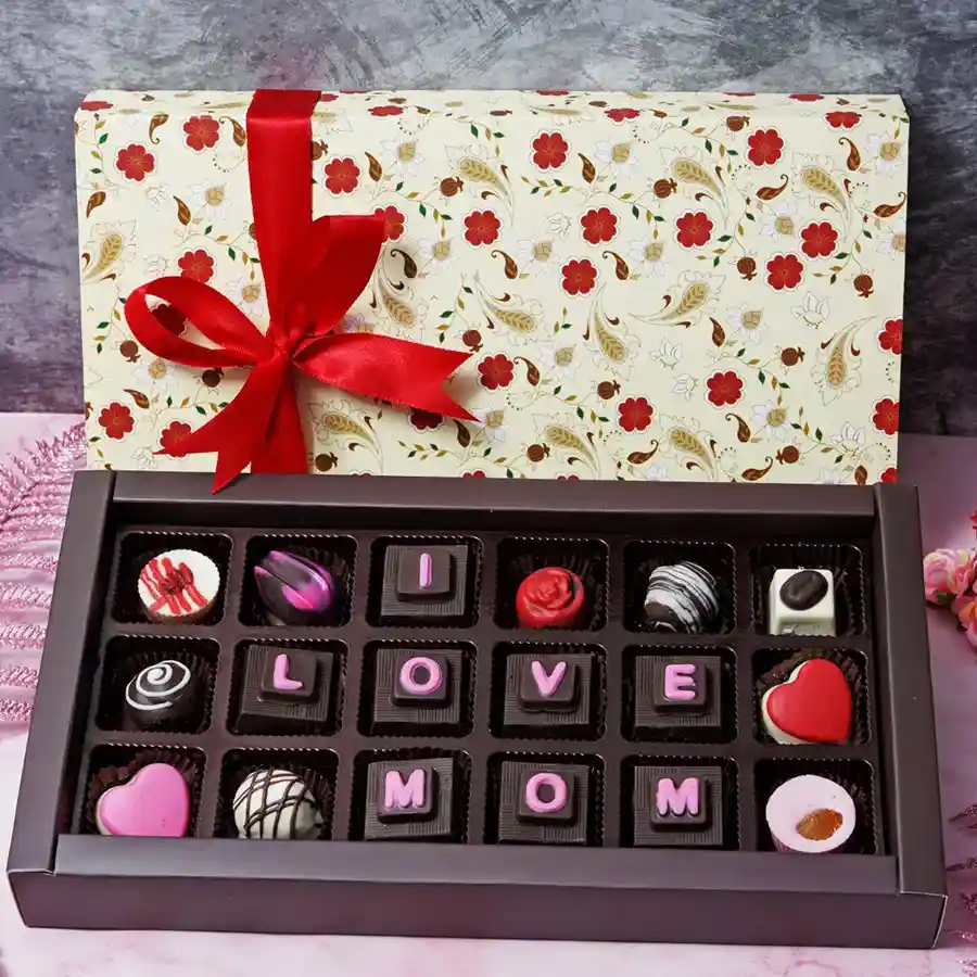 Exotic Mother's Day Special Chocolate Box with assorted chocolates and "I Love Mom" messages