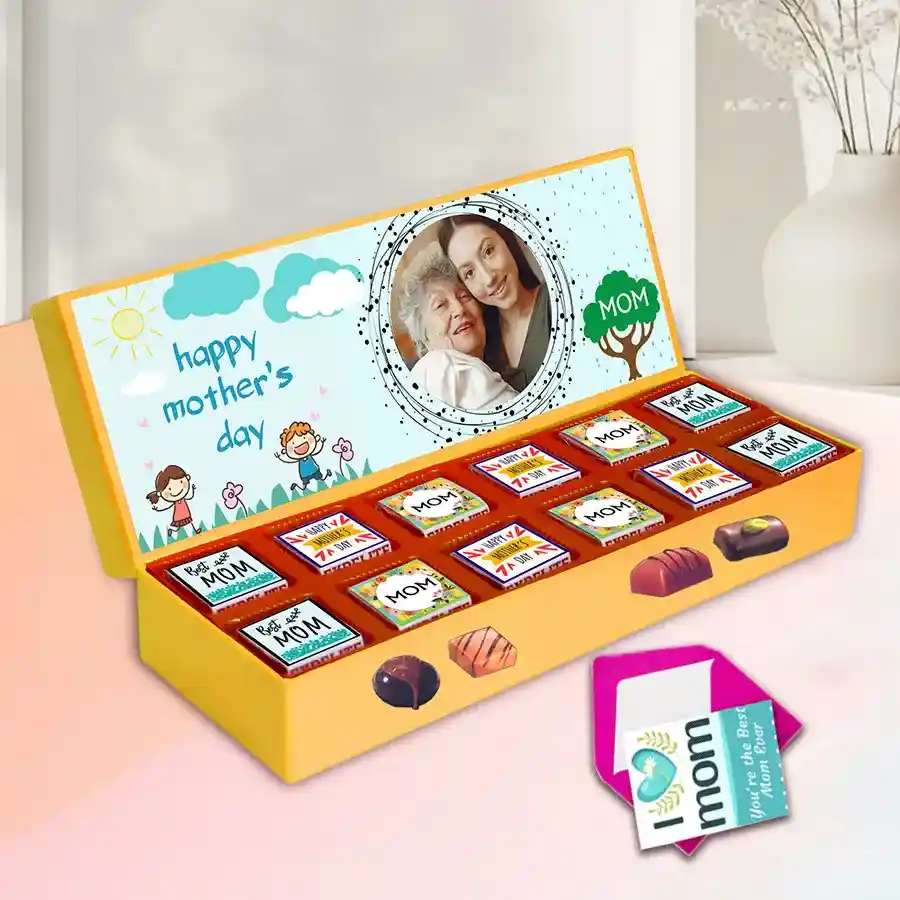 Handcrafted assorted chocolates in personalized box for Mother's Day with heartfelt greetings card