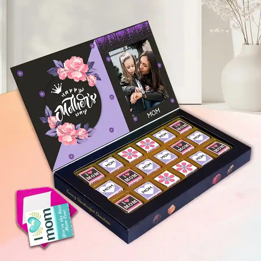 Handcrafted assorted chocolates in a personalized box with a heartfelt greetings card, featuring flavors like Roasted Dry Fruit, Cranberry, Paan, Butterscotch, Mixed Fruits, and Chocochip.
