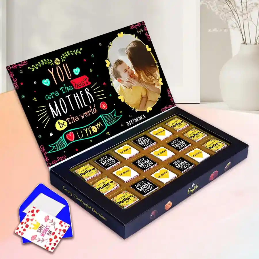 Personalized box of handmade chocolates with assorted flavors and a custom photo and name for Mother's Day.