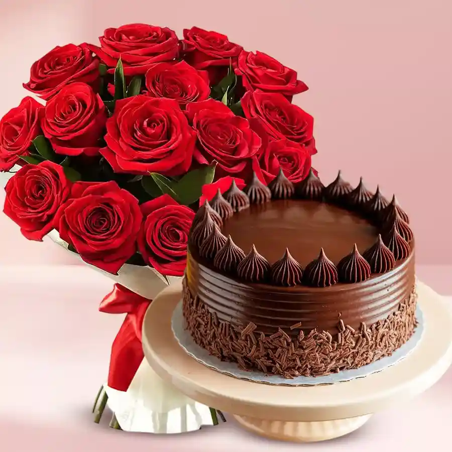A stunning combo of 12 red roses and a delicious 1/2kg chocolate cake, perfect for expressing love.
