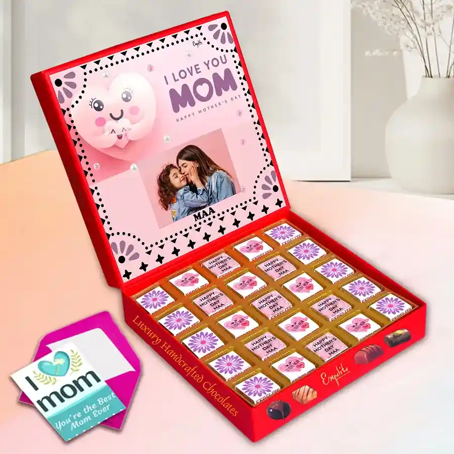 Personalized box of assorted chocolates for Mother's Day with flavors like Roasted Dry Fruit, Cranberry, and Butterscotch, featuring a custom name and photo, accompanied by a heartfelt greeting card.