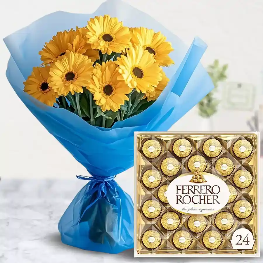 Bouquet of 12 yellow gerberas alongside a box of Ferrero Rocher chocolates.
