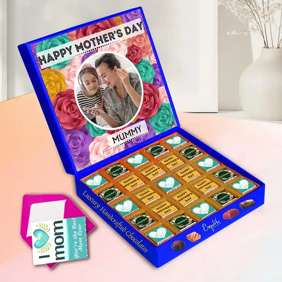 Personalized chocolate box with assorted handmade chocolates and a custom photo and name, accompanied by a greeting card.