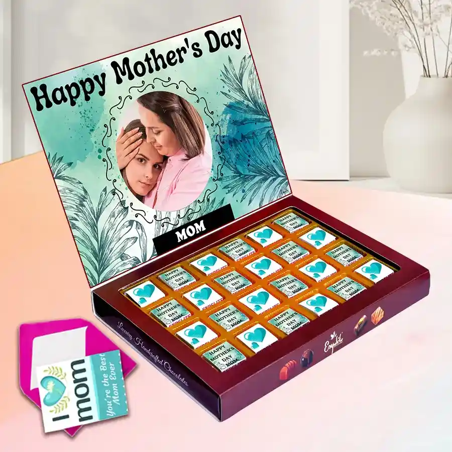 Gorgeous personalized chocolate box with assorted flavored chocolates and a greetings card, featuring a custom photo and name.