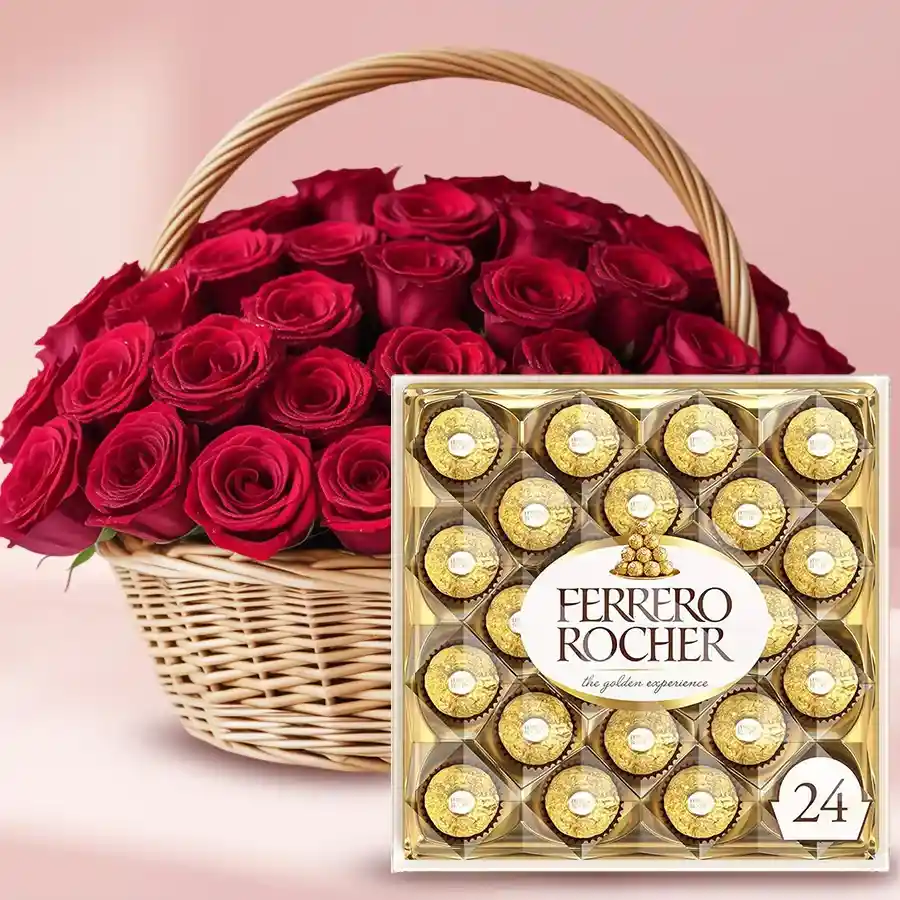 Delightful combo of 50 red roses in a basket with 24 Ferrero Rocher chocolates for a perfect gift.