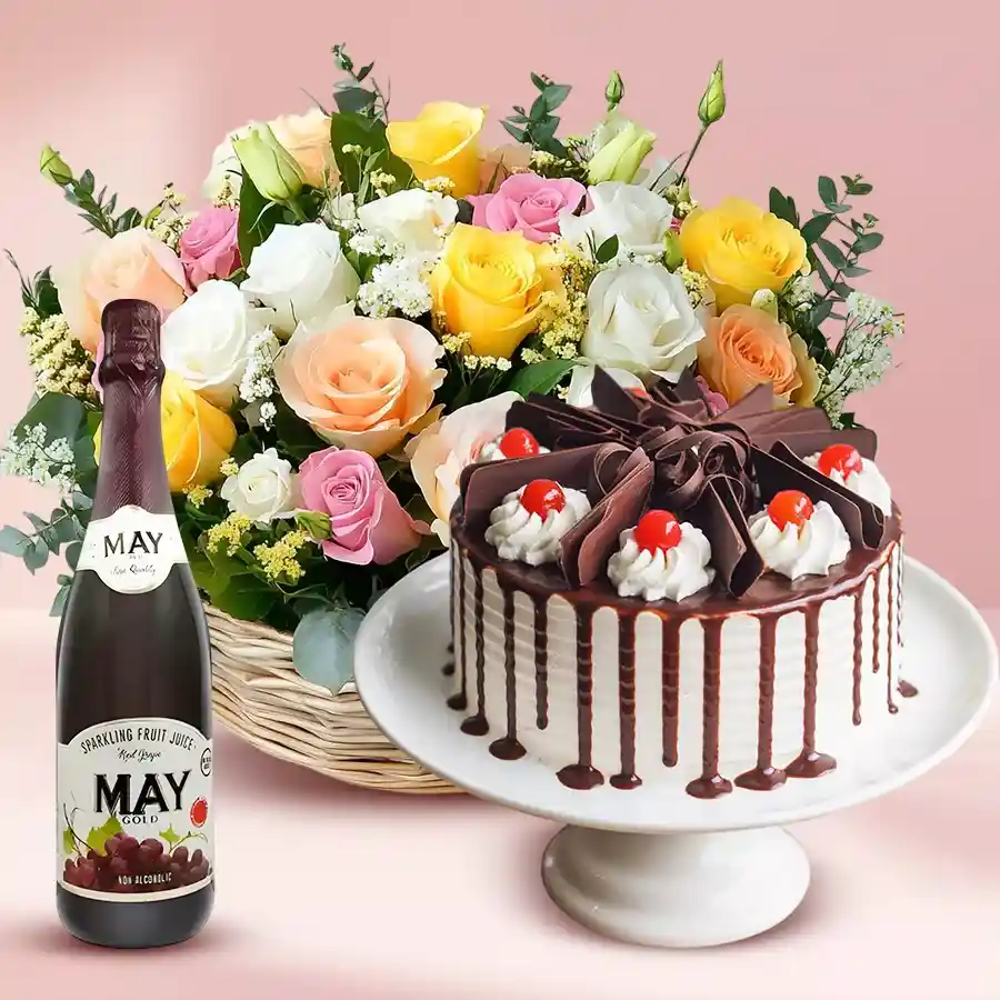 Heartfelt bouquet featuring assorted roses with Black Forest cake and fruit juice, ideal for special occasions.