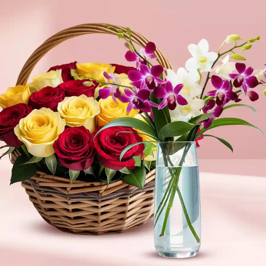 Charming mixed orchids in vase and mixed roses basket combo.