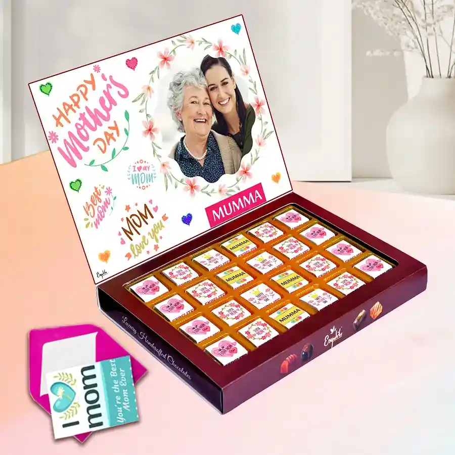 Personalized box of assorted premium chocolates for Mother's Day with name and photo, surrounded by festive decorations.