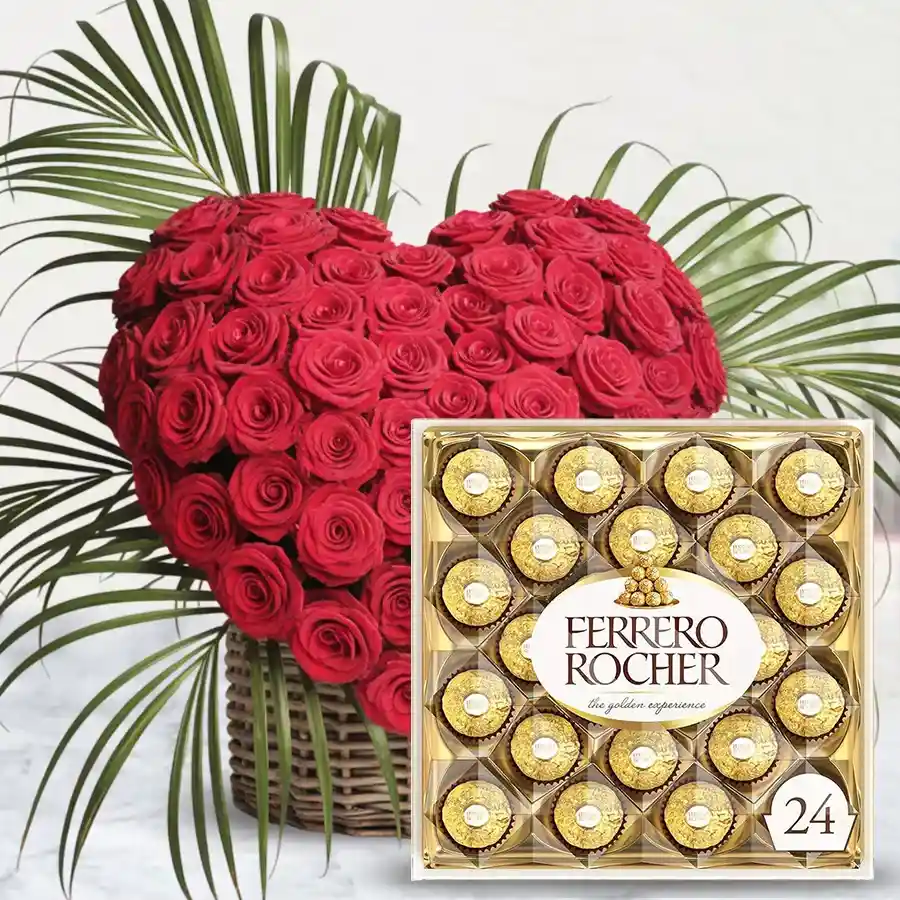Heart-shaped basket filled with red roses and Ferrero Rocher chocolates.