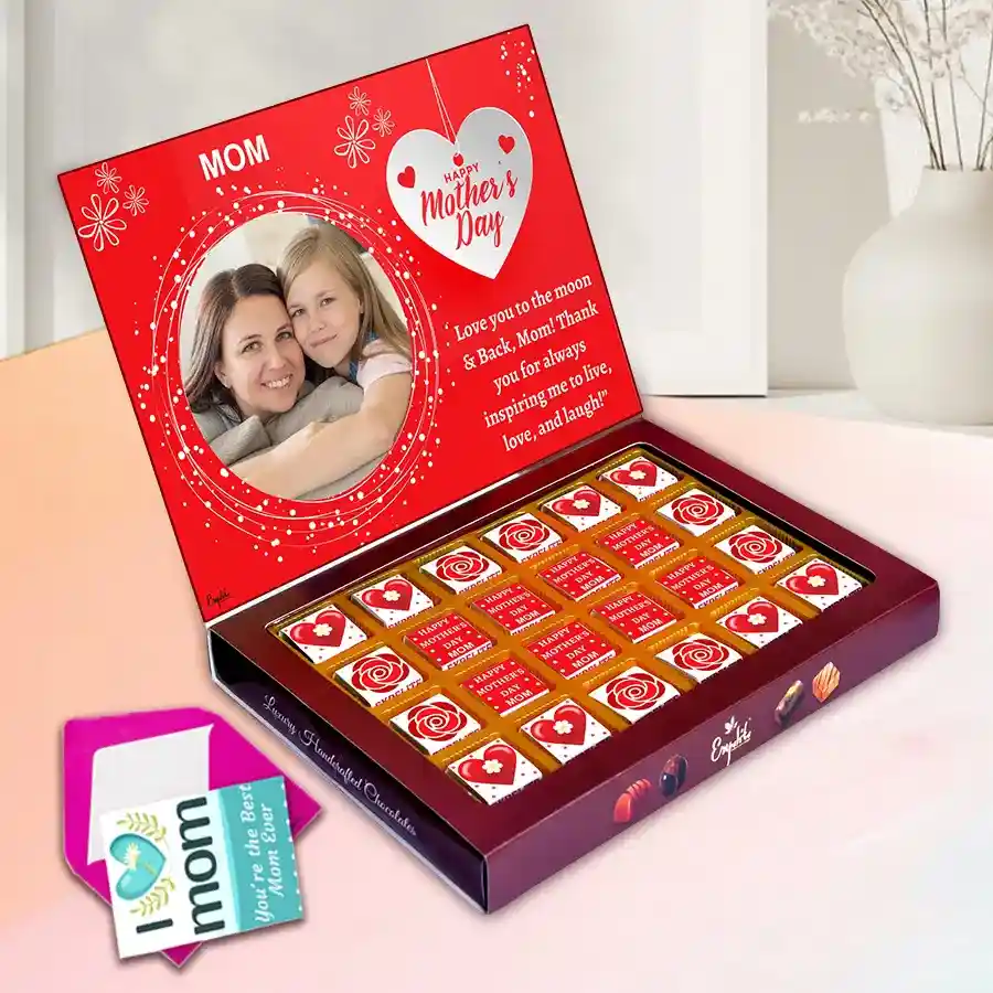 Personalized chocolate box with assorted chocolates and a greeting card for Mother's Day
