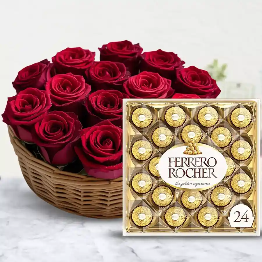 A charming basket filled with 12 red roses and a box of 24 Ferrero Rocher chocolates, an elegant gift for loved ones.