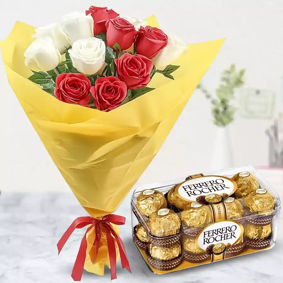 Beautiful red and white roses bouquet with Ferrero Rocher chocolates.