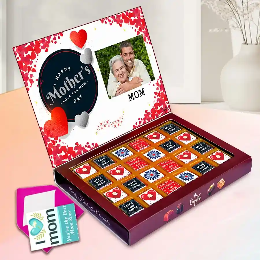 Personalized box of assorted chocolates for Mother's Day with heart-themed decorations and a greetings card.