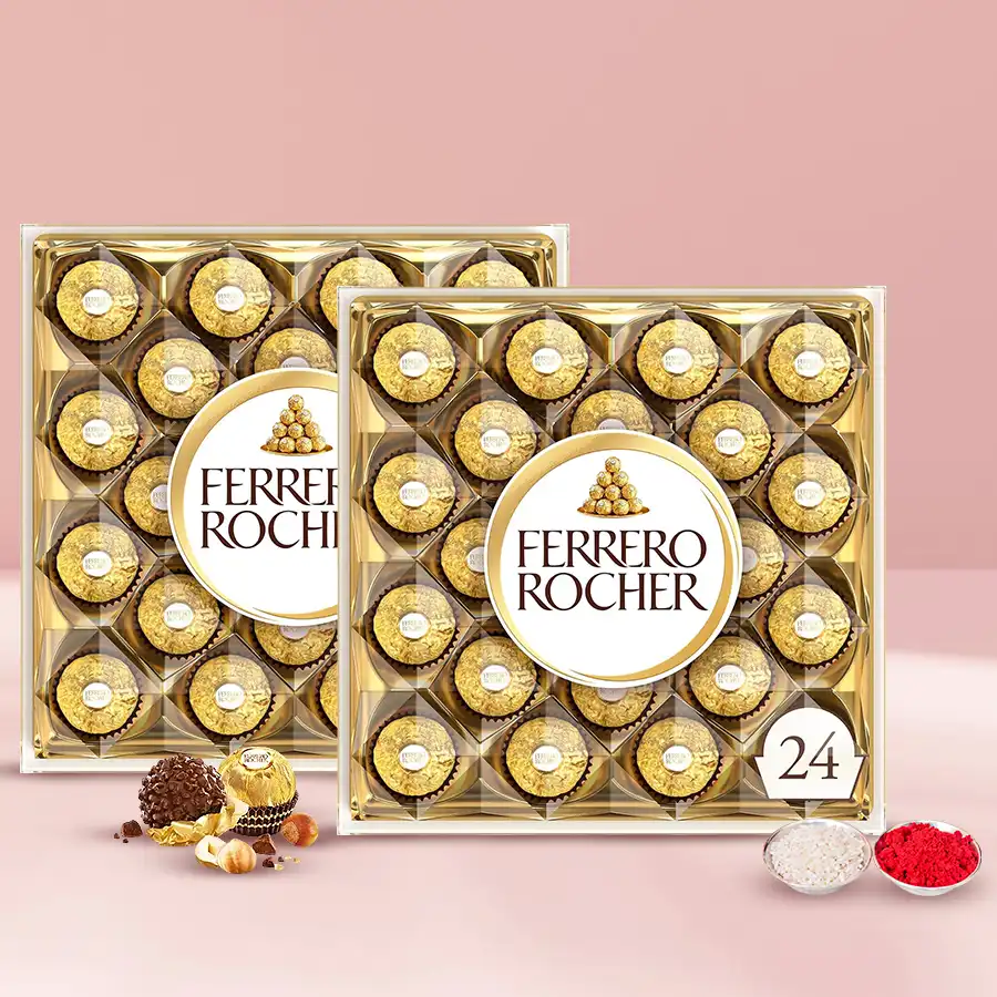 Two boxes of Ferrero Rocher chocolates, each with 24 pieces, perfect for gifting.
