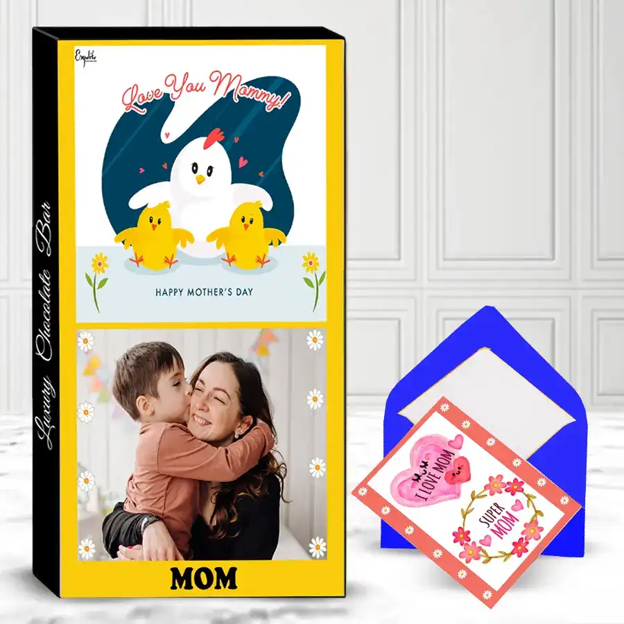 Personalized chocolate gift box for Mother's Day with assorted chocolates and customizable photo and name.