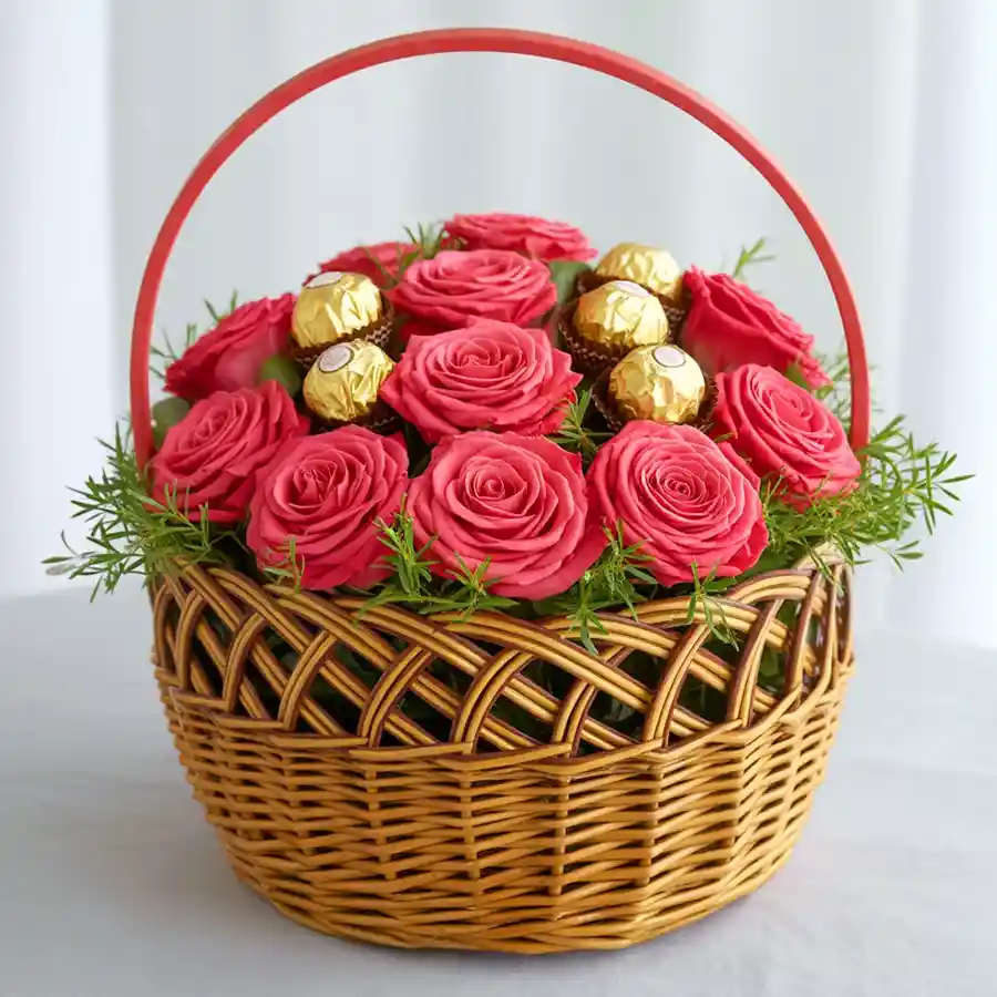 A beautiful basket filled with 12 red roses and 8 Ferrero Rocher chocolates, symbolizing love and affection.