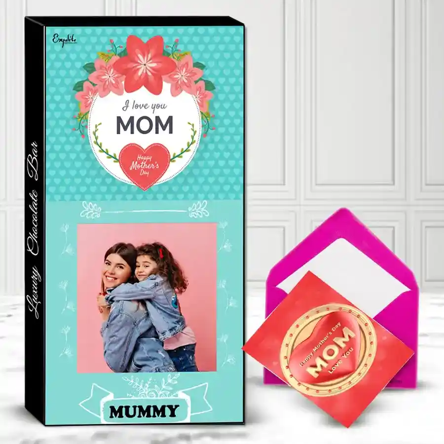 Personalized Mother's Day chocolate bar with roasted dry fruits and cranberry fillings, customized box featuring a name and photo, accompanied by a heartfelt greetings card.