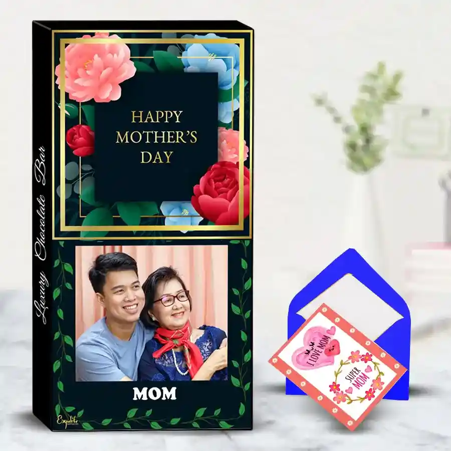 Customizable chocolate bar with roasted dry fruits and cranberries, personalized box featuring a name and photo, accompanied by a greetings card for Mother's Day.