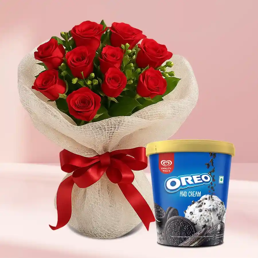 Kwality Walls Oreo Ice Cream tub with a bouquet of red roses.