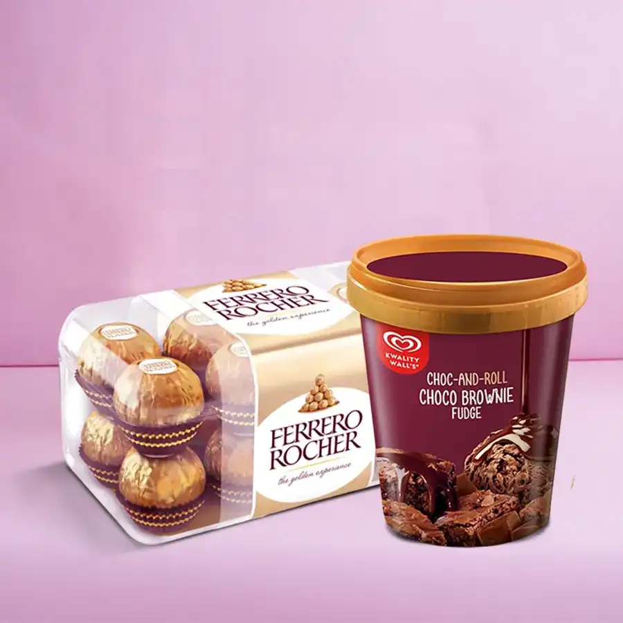 Luxurious gift set featuring Kwality Walls Choco Brownie Fudge Ice Cream and Ferrero Rocher chocolates, perfect for sharing moments of joy.