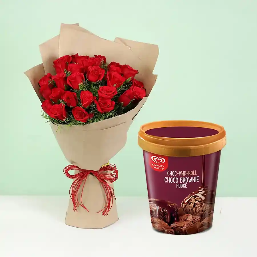 A stunning bouquet of 12 red roses alongside a tub of Kwality Walls Choco Brownie Fudge Ice Cream, perfect for a special gift.