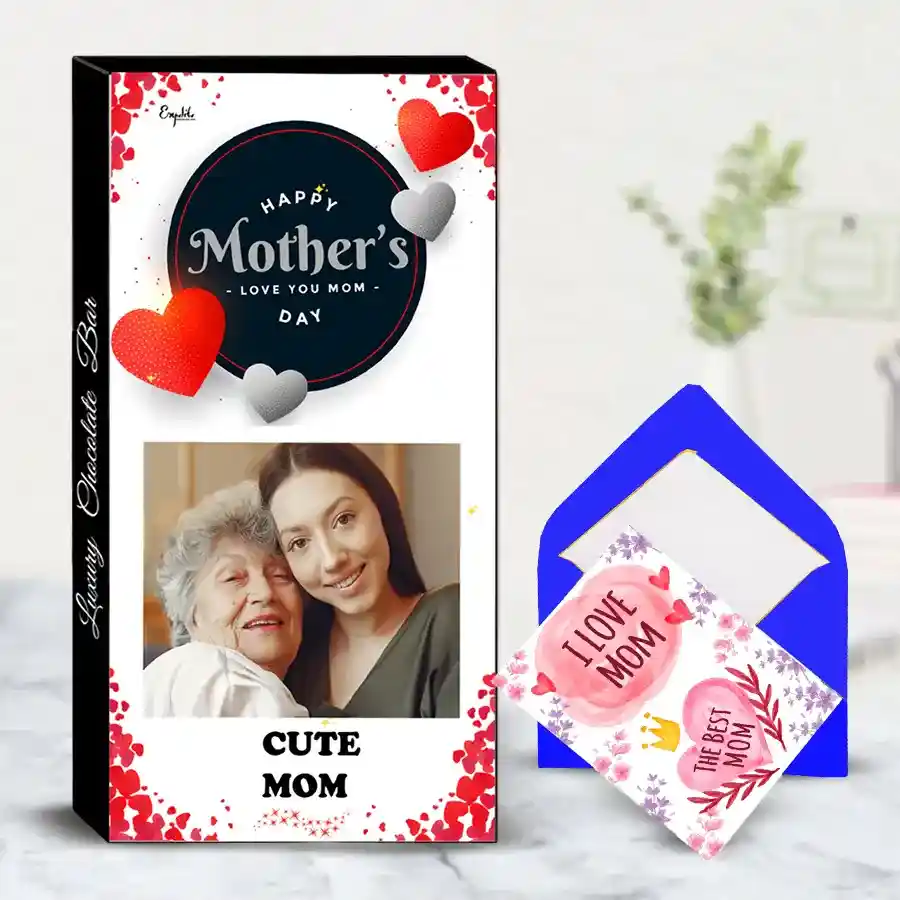Mother's Day photo chocolate bar with personalized packaging featuring roasted dry fruits and a heartfelt greeting card