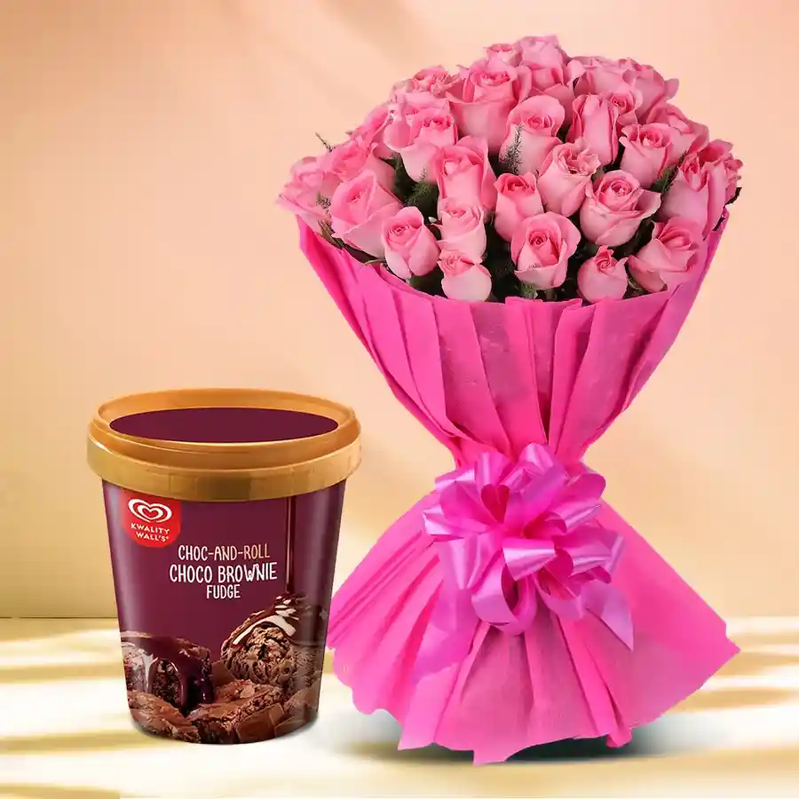 Tasty Kwality Walls Choco Brownie Fudge Ice Cream with a bouquet of 24 pink roses.
